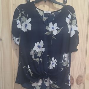 Navy Floral Blouse with Knot Detail